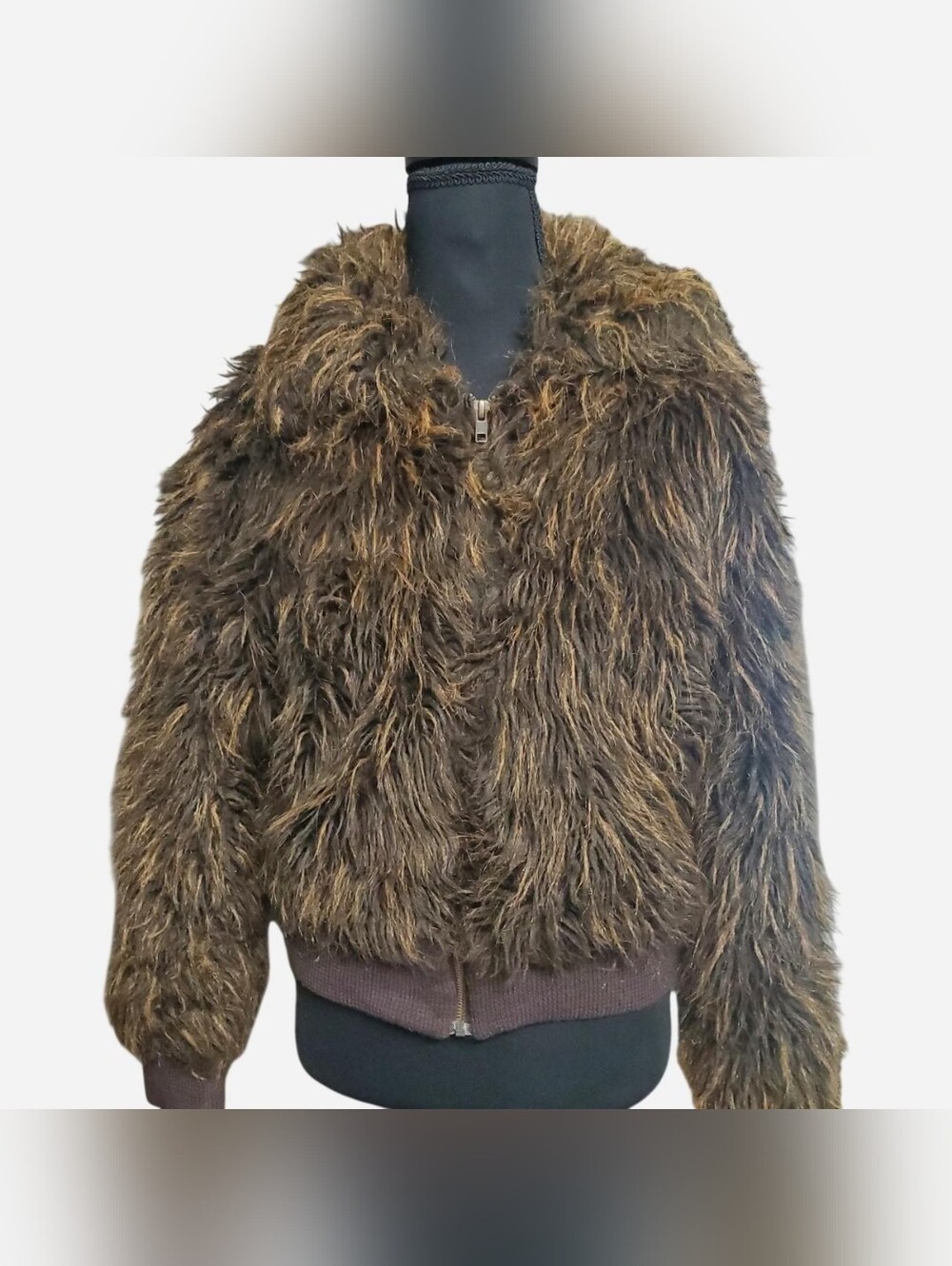 Vtg Riflessi Faux Fur Bomber Jacket Womens Small Brown Y2K Pockets Lined Mobwife